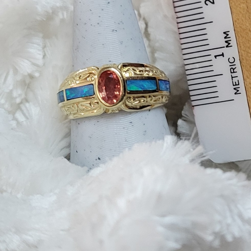 FINAL PRICE BEAUTIFUL 14K Yellow Gold Padparadscha Sapphire & Inlaid Opal Ring - Picture 2 of 7